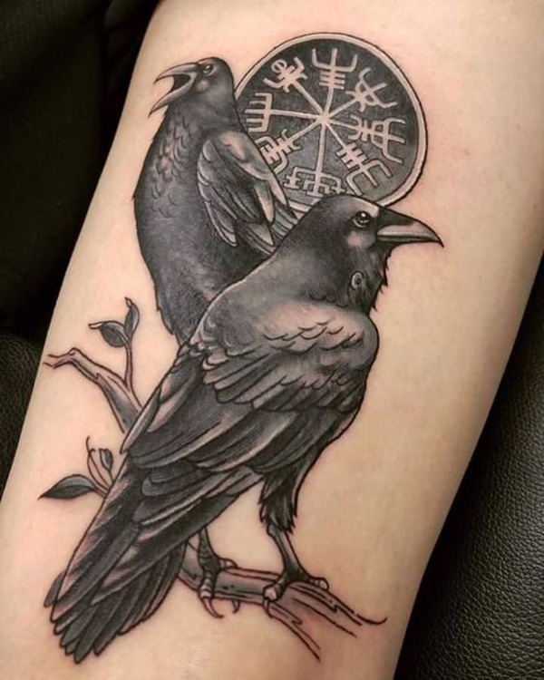 Two Ravens with Clock Grayscale Tattoo Tattoo Design