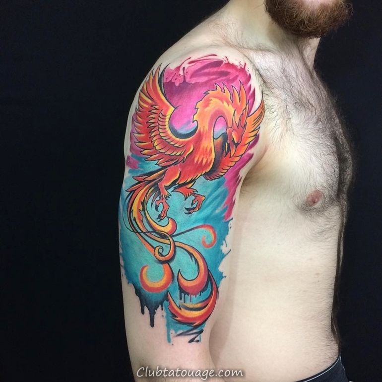 Vibrant Red and Blue Phoenix Shoulder andElbow Tattoo Tattoo Design