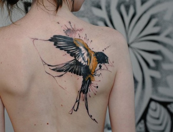 Watercolor Black and Yellow Bird Back Tattoo Tattoo Design