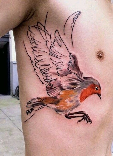 Watercolor Red Breasted Robin Tattoo on Torso Tattoo Design