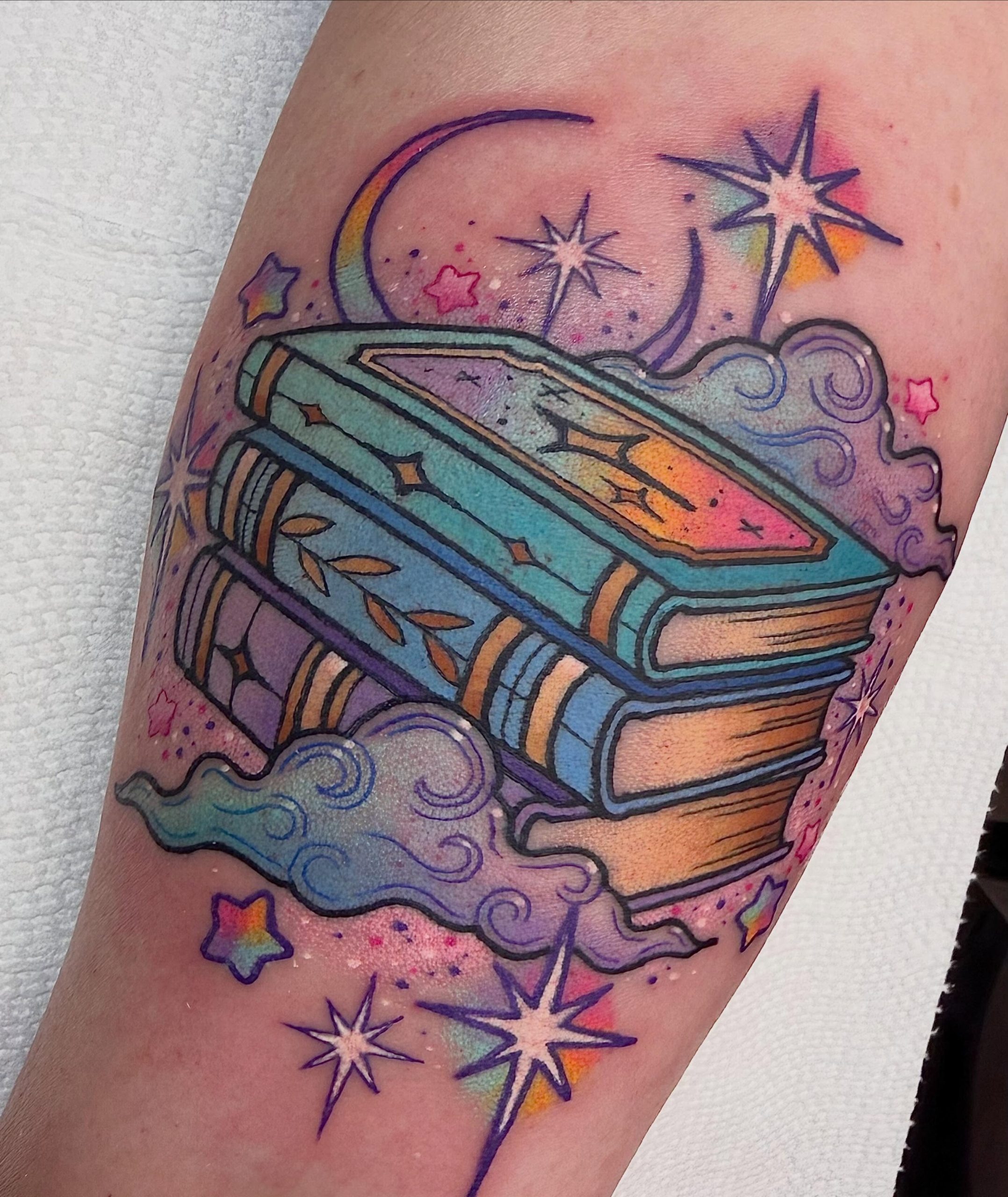 Celestial Book Stack Tattoo Tattoo Design