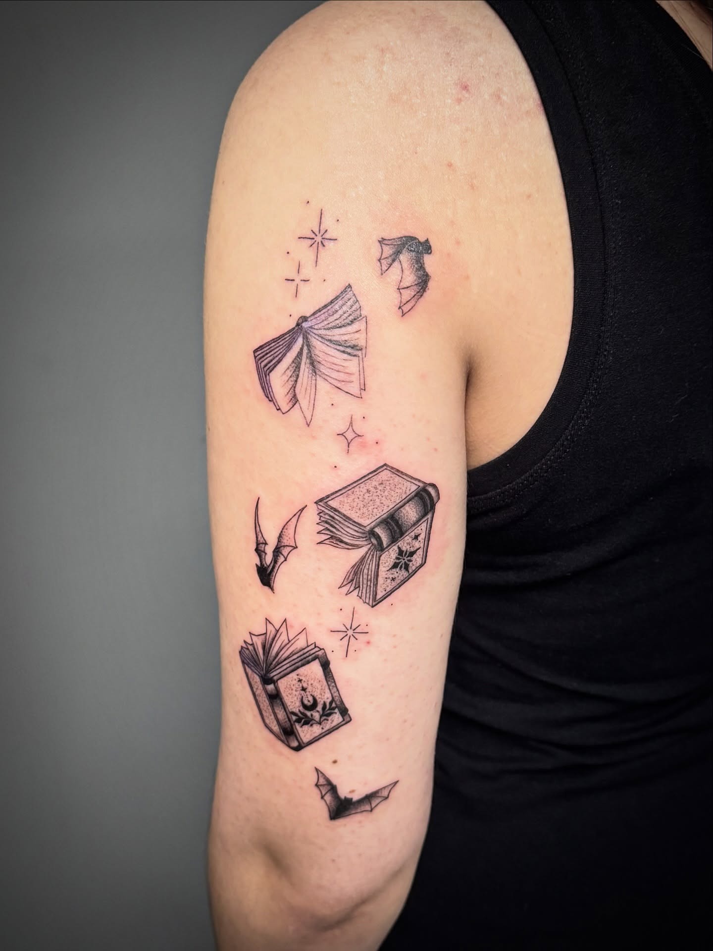 Magical Spell Book and Bats Tattoo Tattoo Design