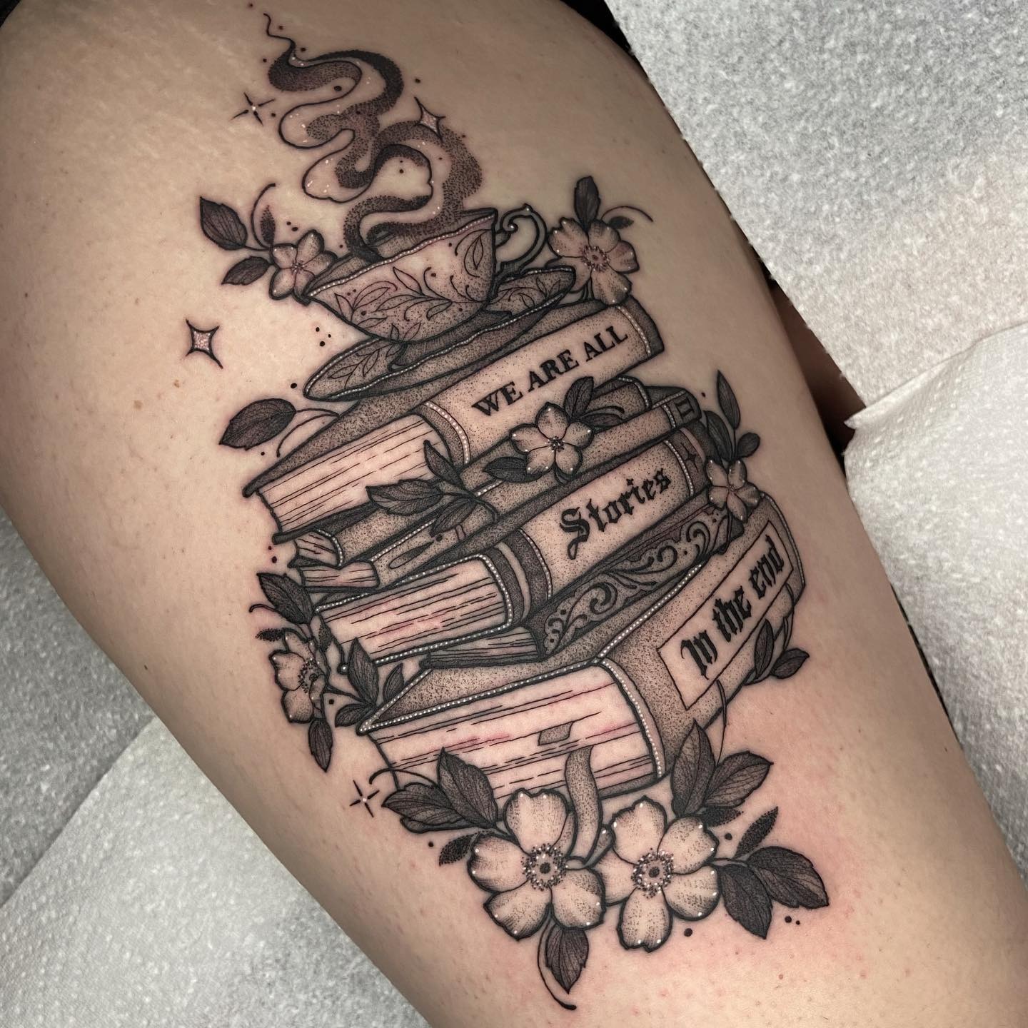 Tea Cup and Classic Book Stack Tattoo Tattoo Design