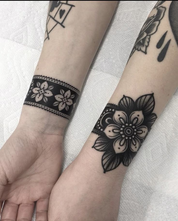 Bold Floral Wristband Statement Tattoo Design