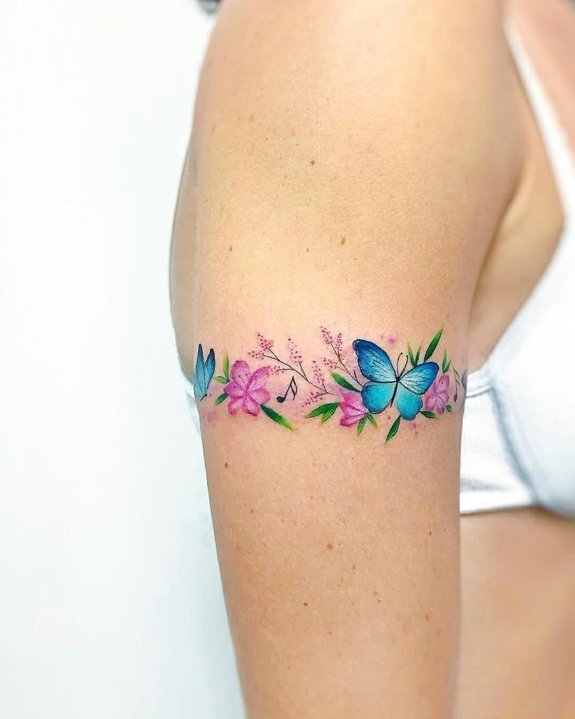 Colorful Floral and Butterfly Armband Tattoo Design