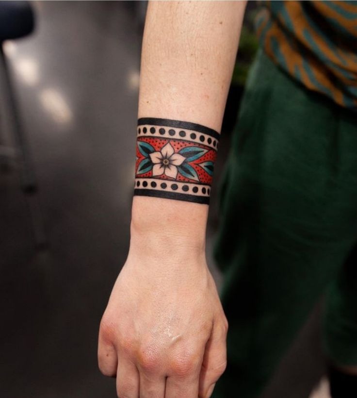Colorful Folk-Inspired Bracelet Band Tattoo Design