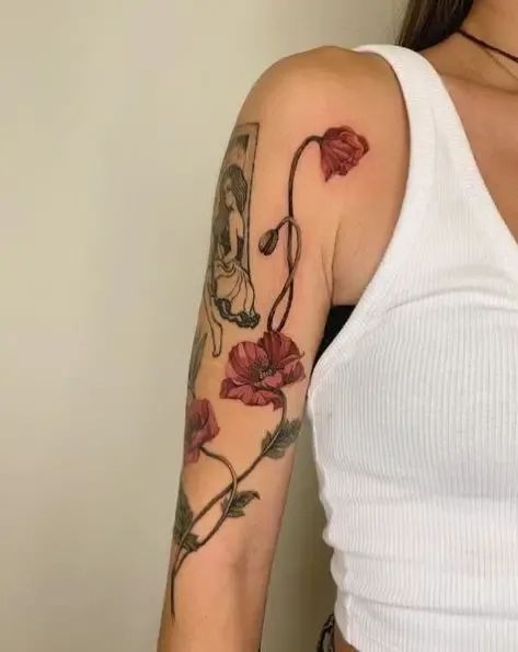 Arm-Length Poppy Flow Tattoo Design