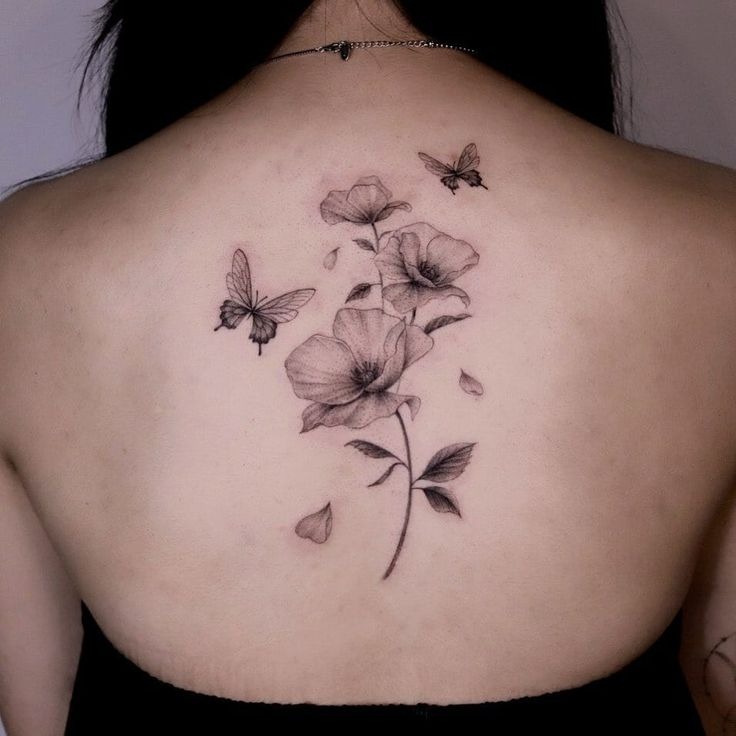 Black and White Bloom with Butterflies Tattoo Design