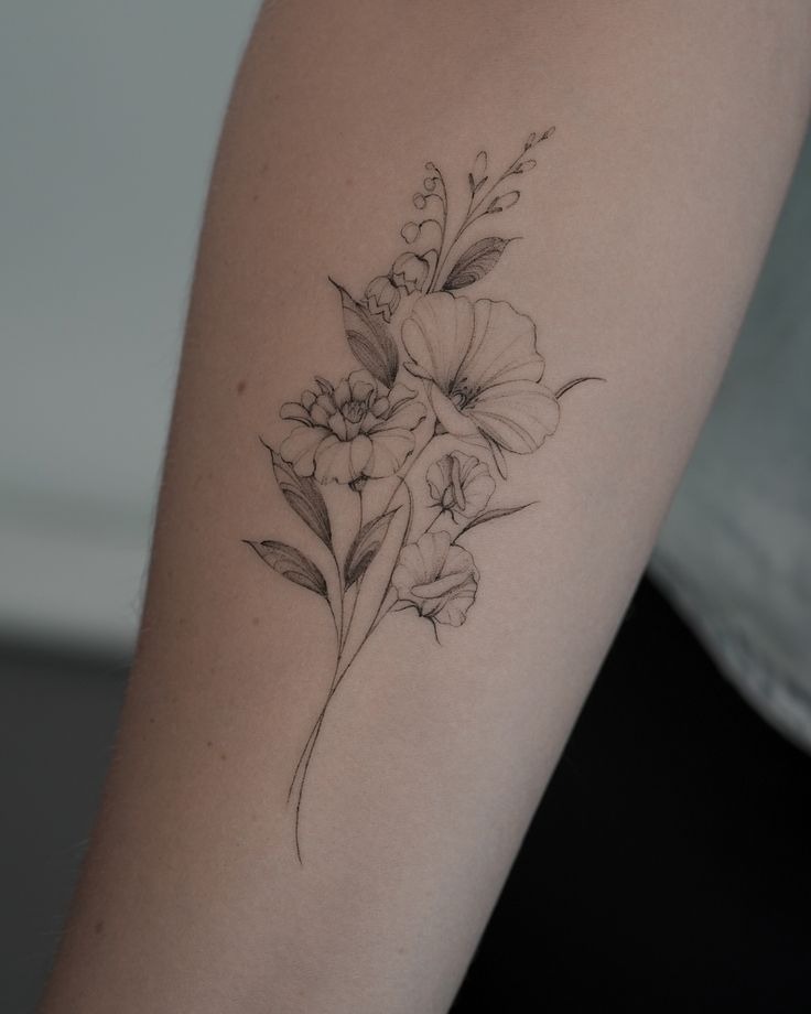 Simple Fine Line Bouquet Tattoo Design