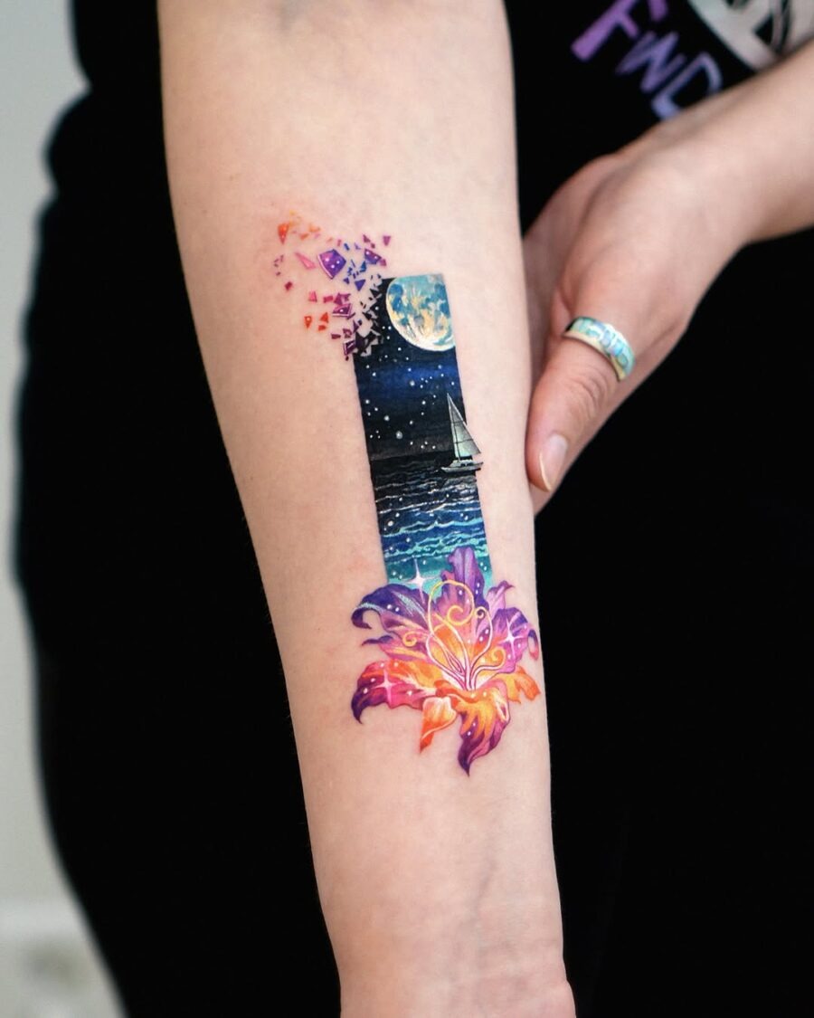 A stunning celestial scene tattoo with vibrant colors Tattoo Design