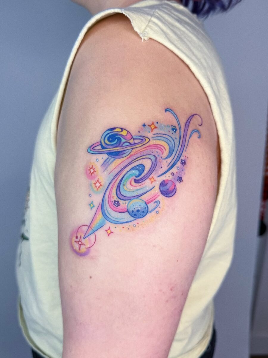 Colorful celestial tattoo with swirls and stars Tattoo Design