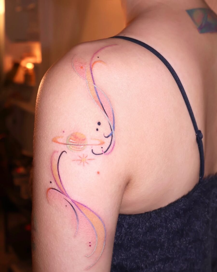 Delicate celestial tattoo with vibrant cosmic colors Tattoo Design