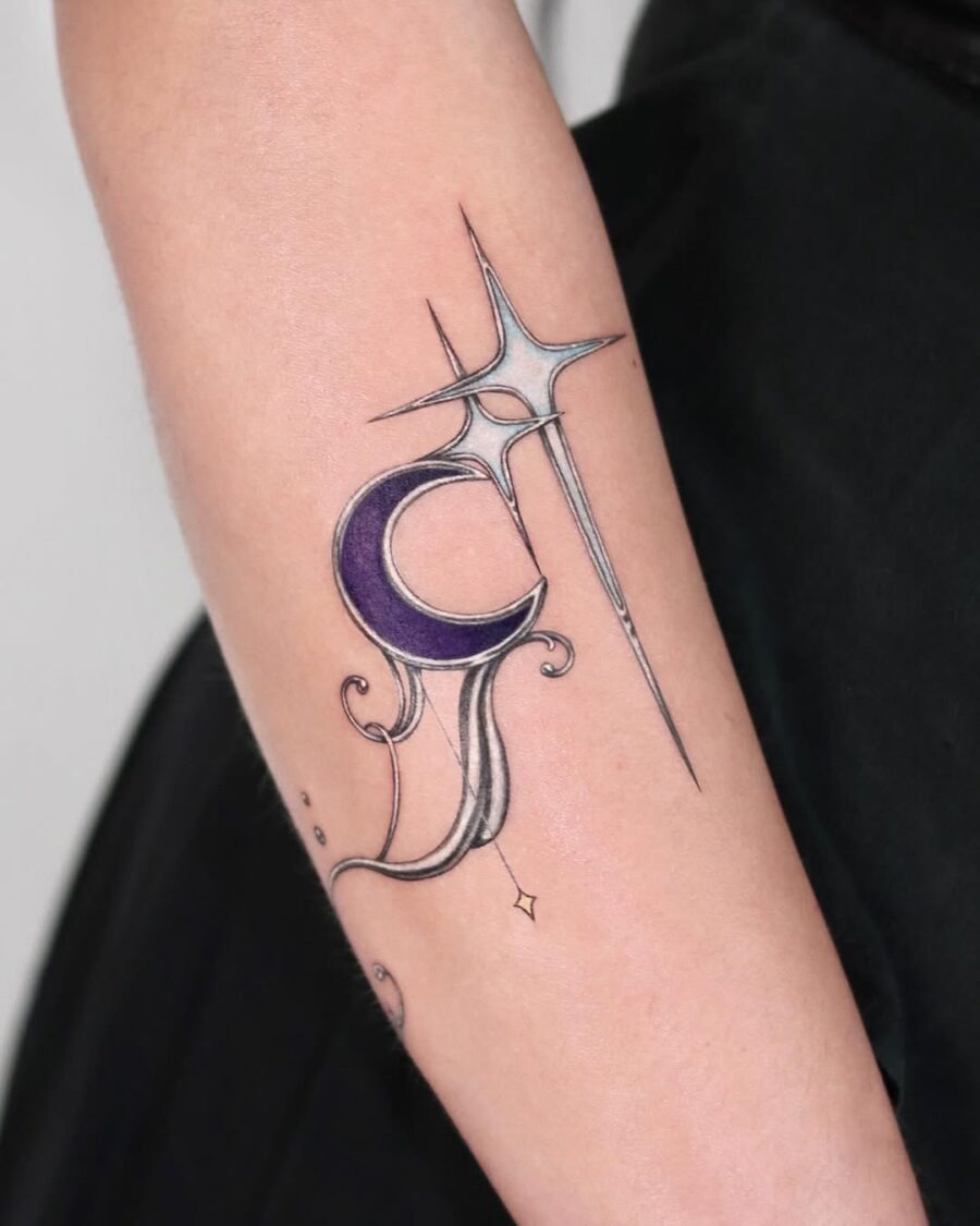 Elegant celestial tattoo featuring moon and star motifs Tattoo Design