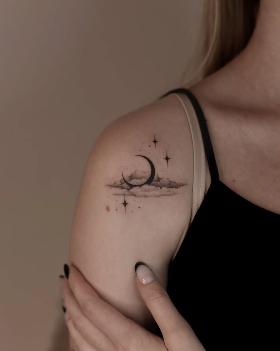 Elegant celestial tattoo featuring moon and stars Tattoo Design