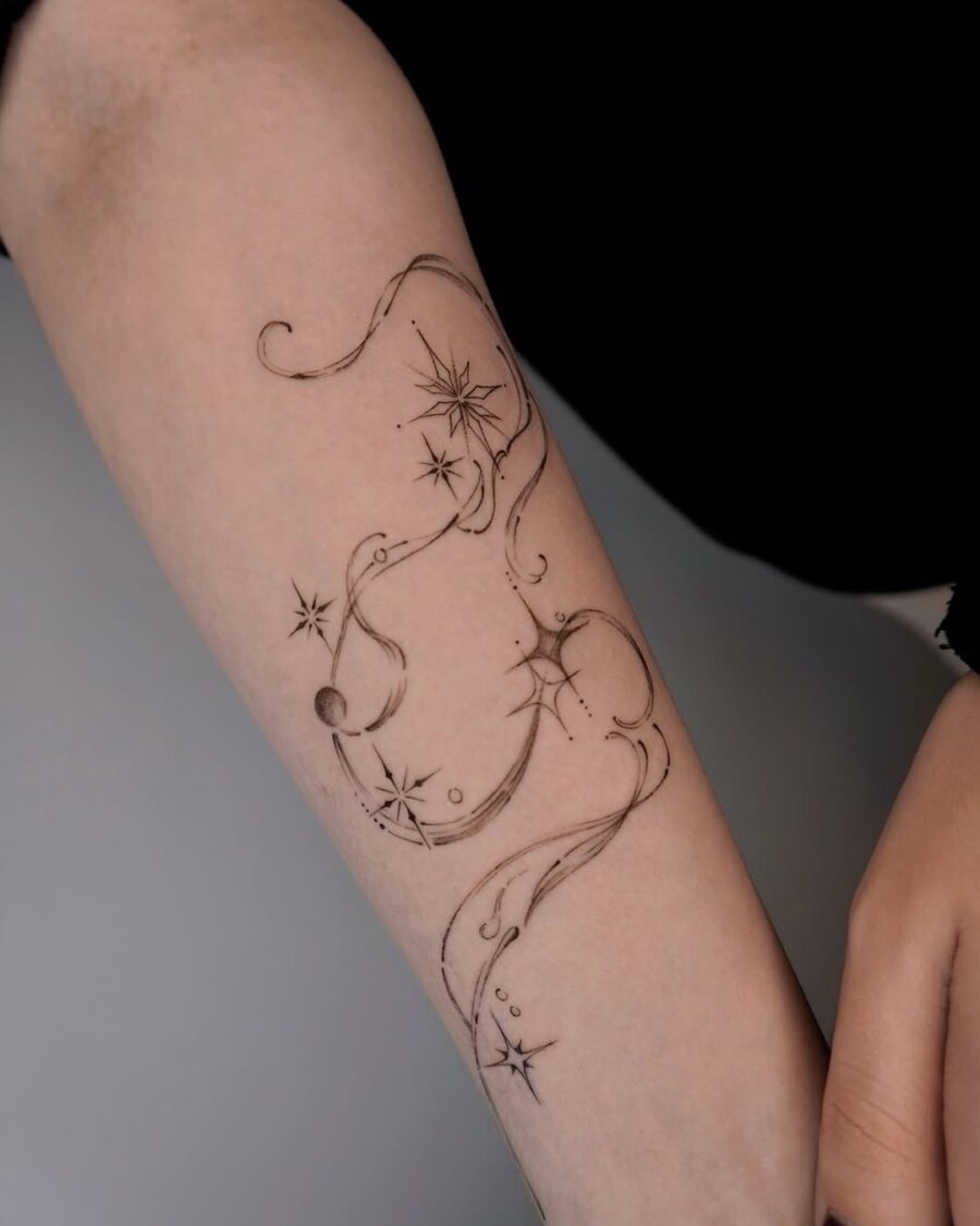 Elegant celestial tattoo with flowing lines and stars Tattoo Design