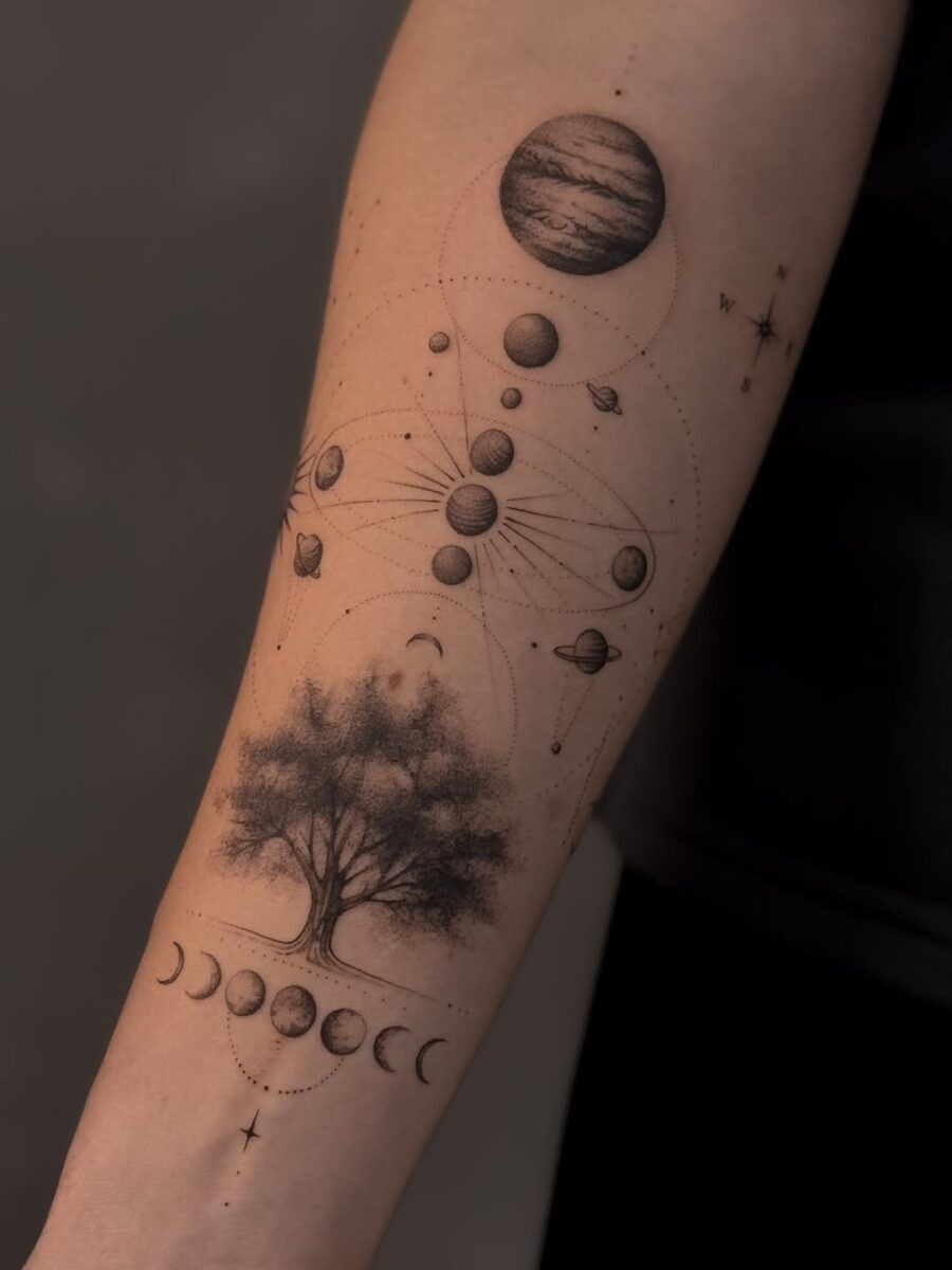 Intricate celestial tattoo blending nature and cosmos Tattoo Design