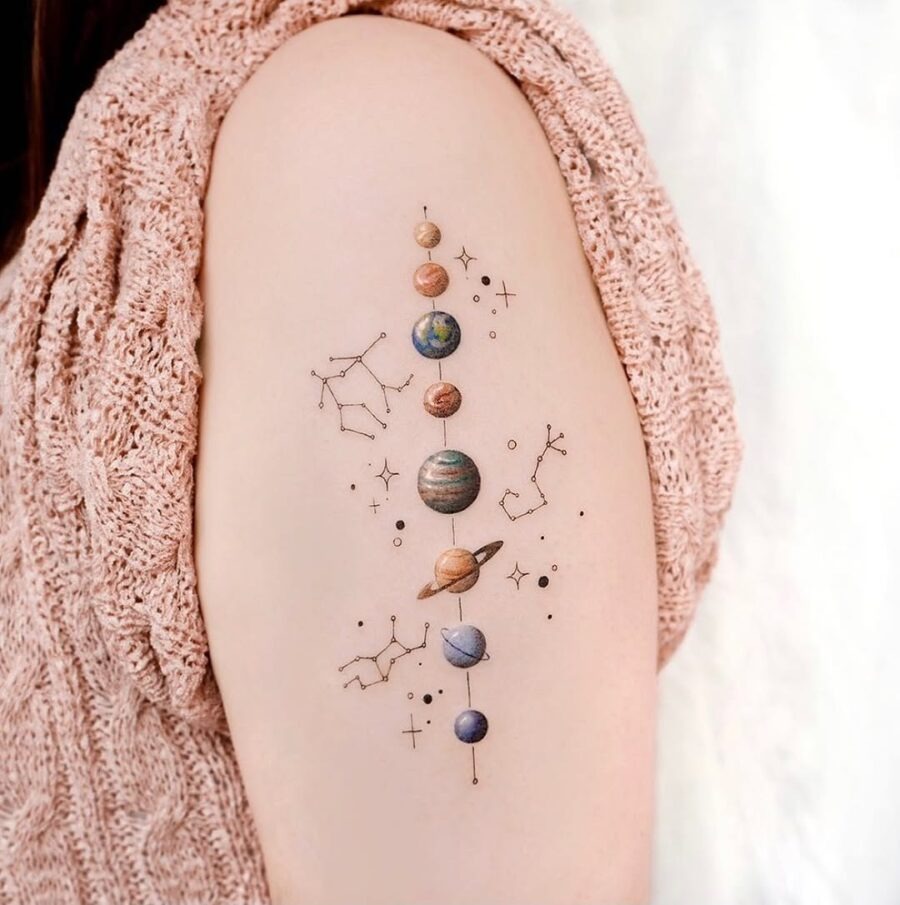 Intricate celestial tattoo showcasing planetary alignment Tattoo Design
