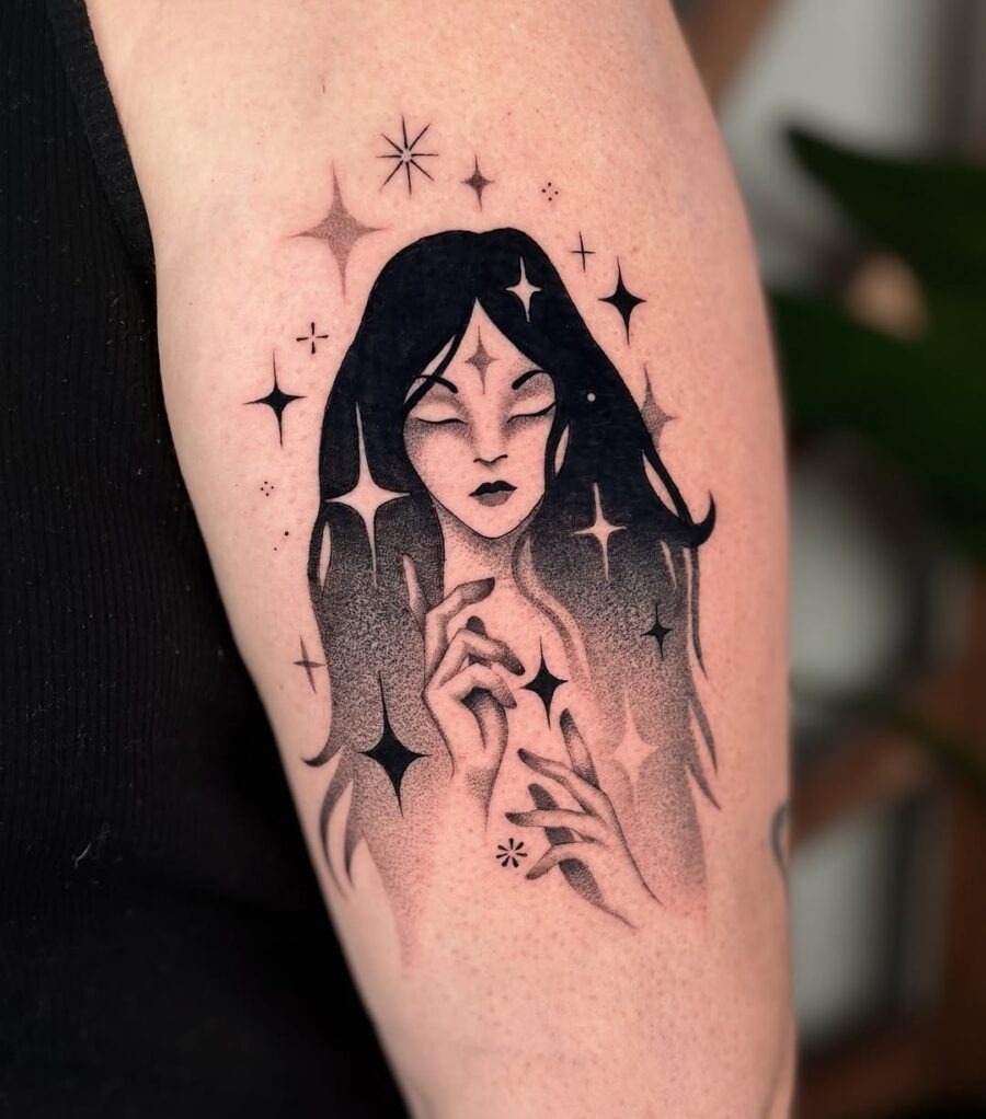 Mystical woman surrounded by celestial elements Tattoo Design