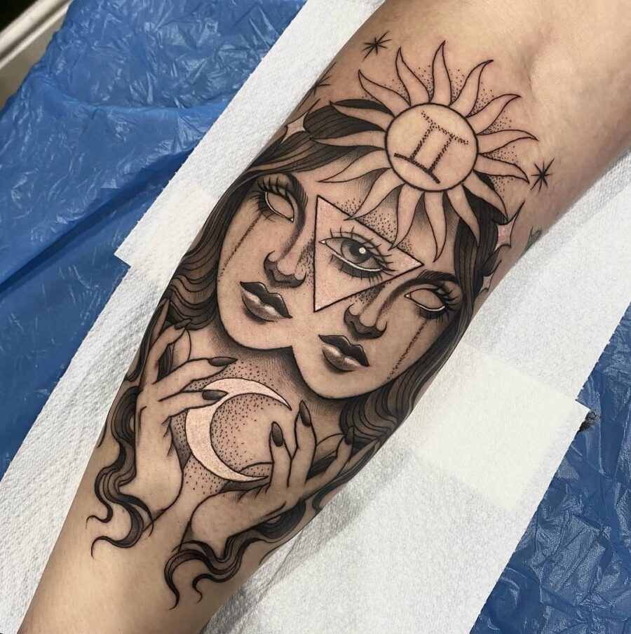 Stunning celestial faces with symbolic elements Tattoo Design