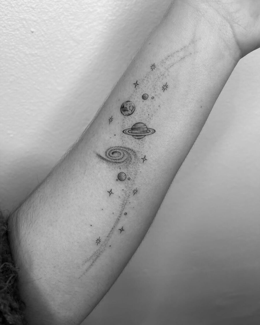 Stunning celestial tattoo with planets and stars Tattoo Design
