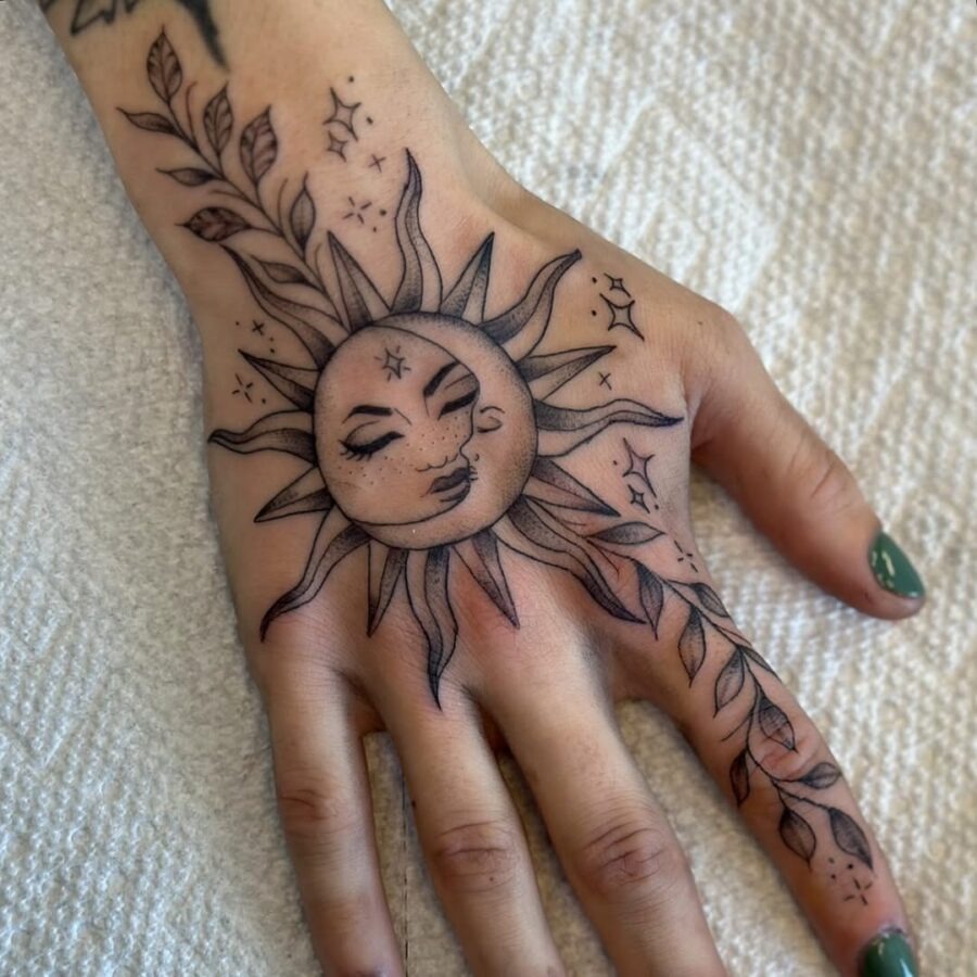 Stunning Sun Tattoo with Floral Elements Tattoo Design