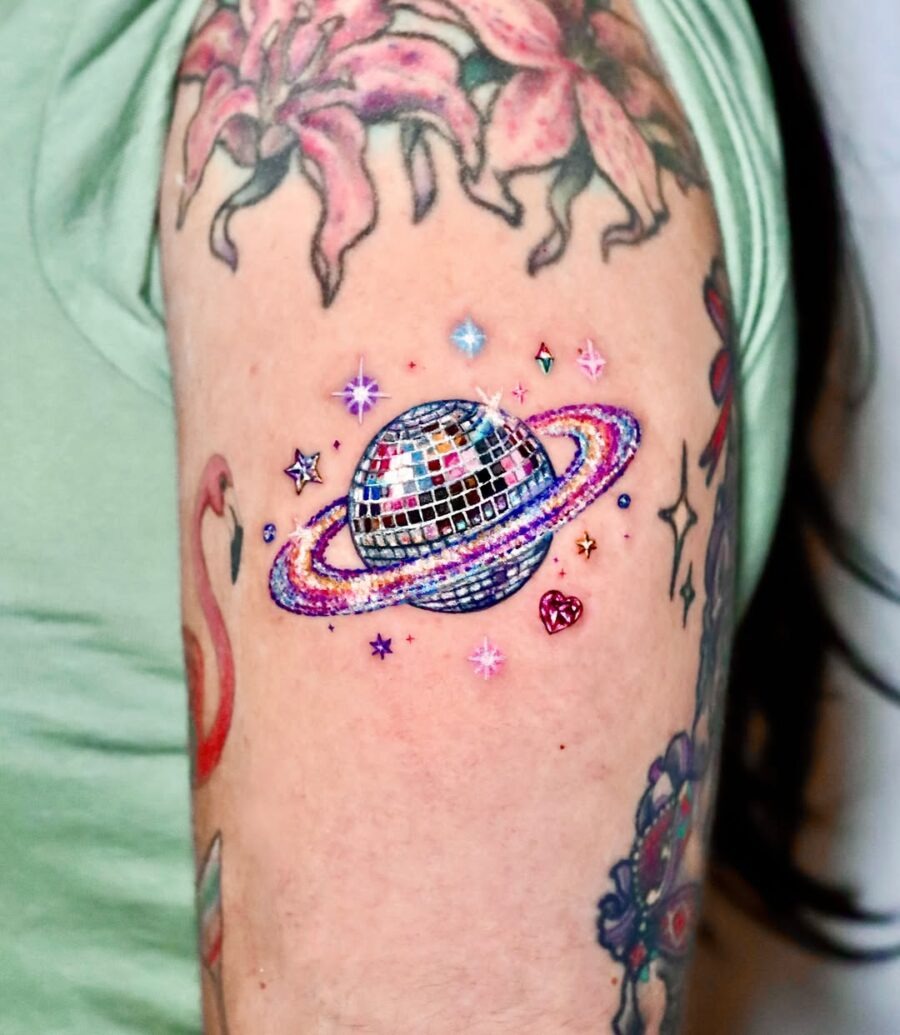 Unique disco-themed celestial arm tattoo design Tattoo Design
