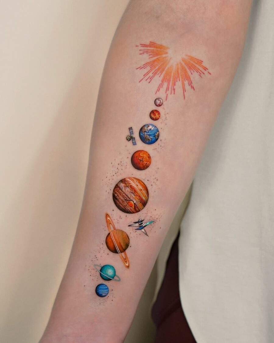 Vibrant celestial tattoo celebrating space and planets Tattoo Design