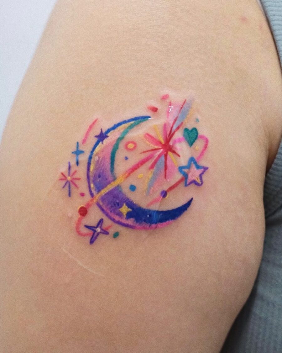 Vibrant celestial tattoo featuring moon and stars Tattoo Design