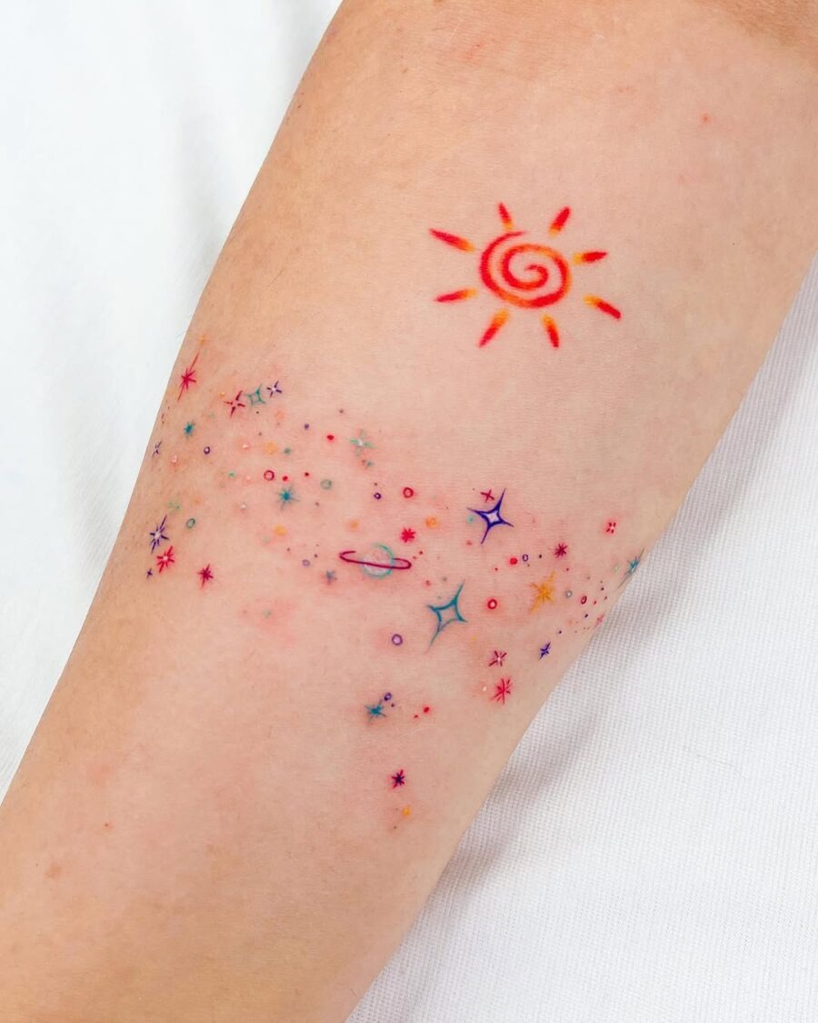 Vibrant celestial tattoo showcasing sun and stars Tattoo Design
