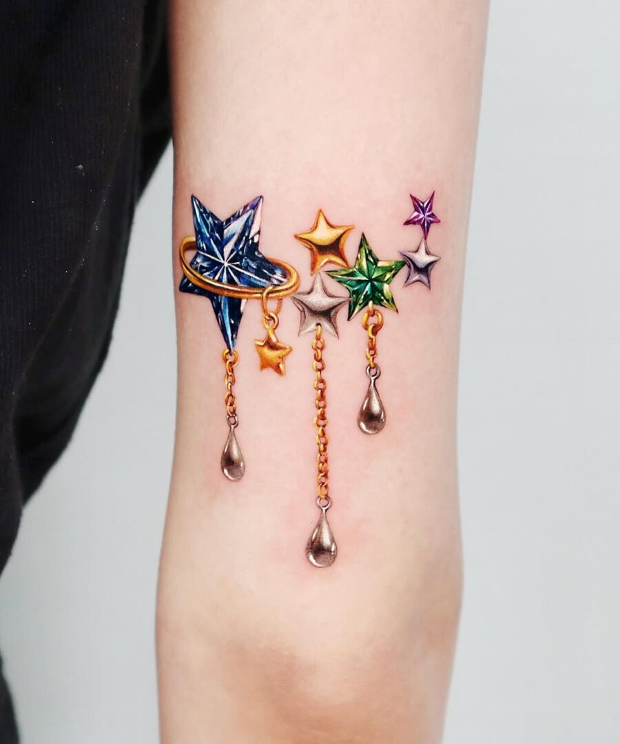 Vibrant Fantasy Stars and Celestial Elements Tattoo Tattoo Design