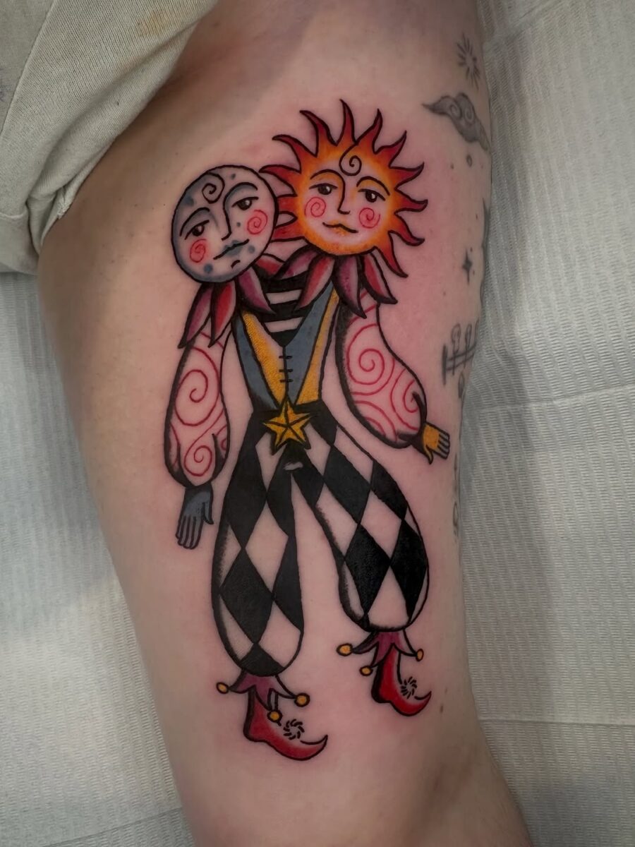 Whimsical sun and moon jester tattoo Tattoo Design