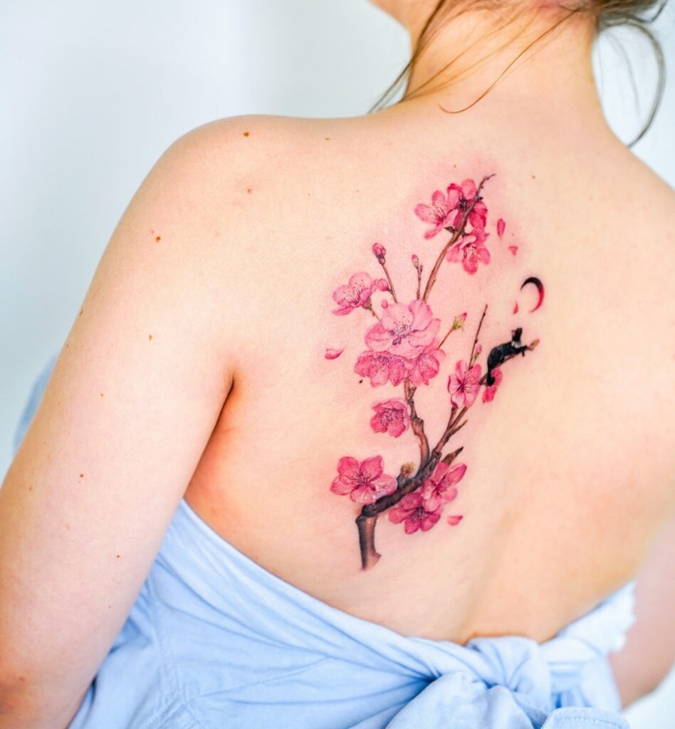 Cherry Blossom and Cat Under Crescent Moon Tattoo Tattoo Design