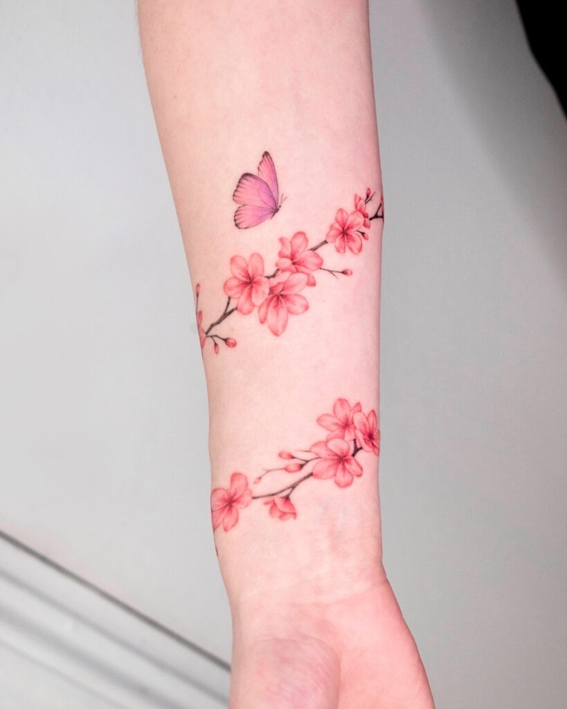 Cherry Blossom Band with Pink Butterfly Tattoo Tattoo Design