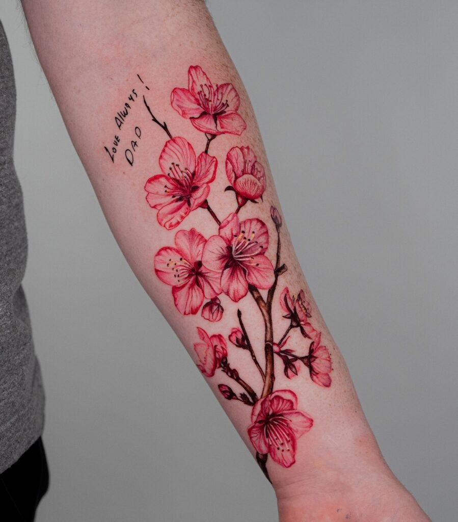 Cherry Blossom Memorial Tattoo with Handwritten Note Tattoo Design