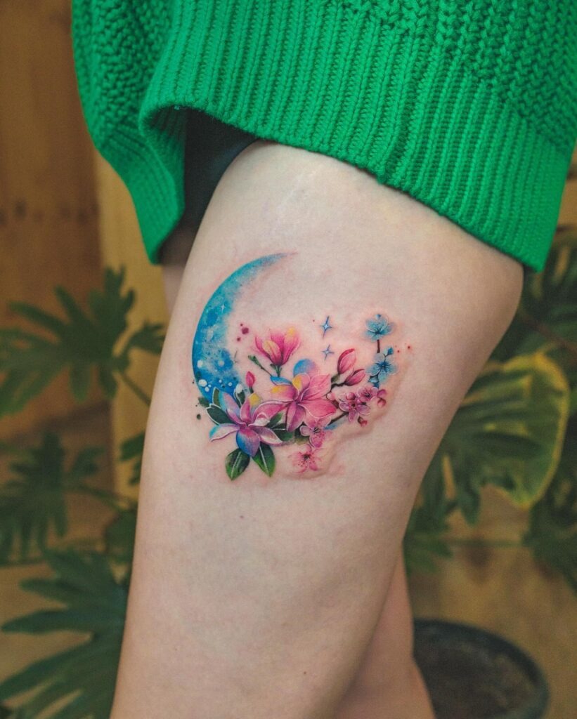 Dreamy Moon and Cherry Blossom Tattoo Tattoo Design