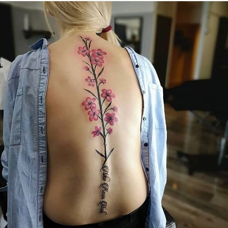 Elegant Spine Cherry Blossom Tattoo with Script Tattoo Design