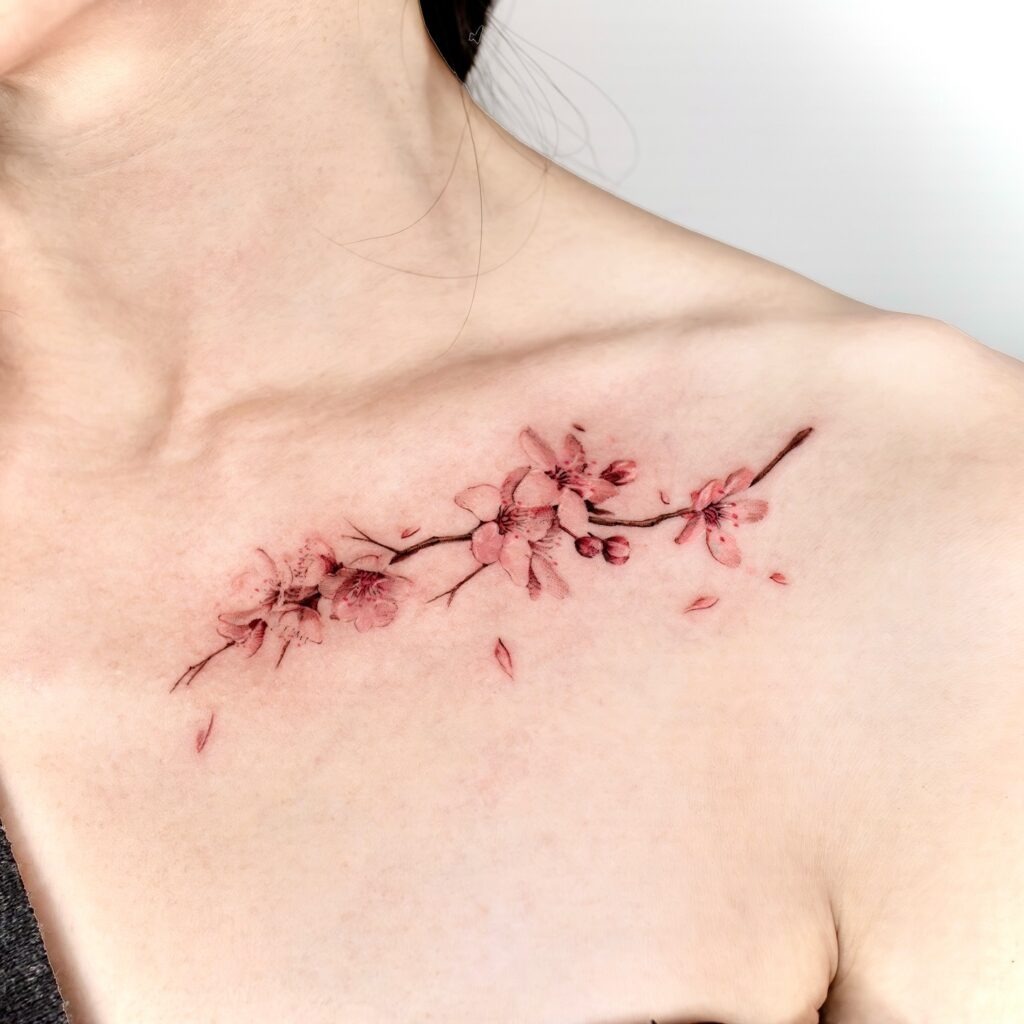 Falling Petals Cherry Blossom Collarbone Tattoo Tattoo Design