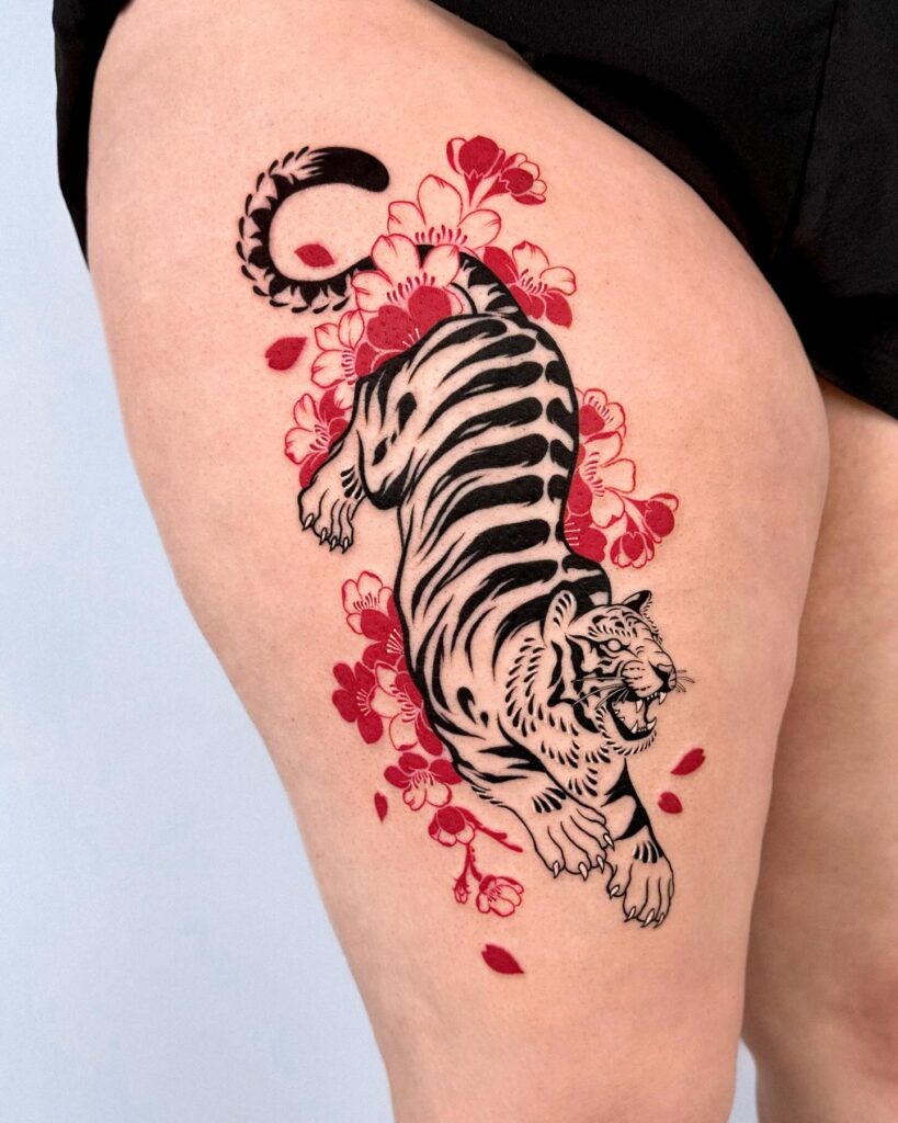 Fierce Tiger with Cherry Blossoms Thigh Tattoo Tattoo Design