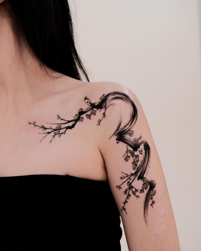 Ink Brush Cherry Blossom Shoulder Tattoo Tattoo Design