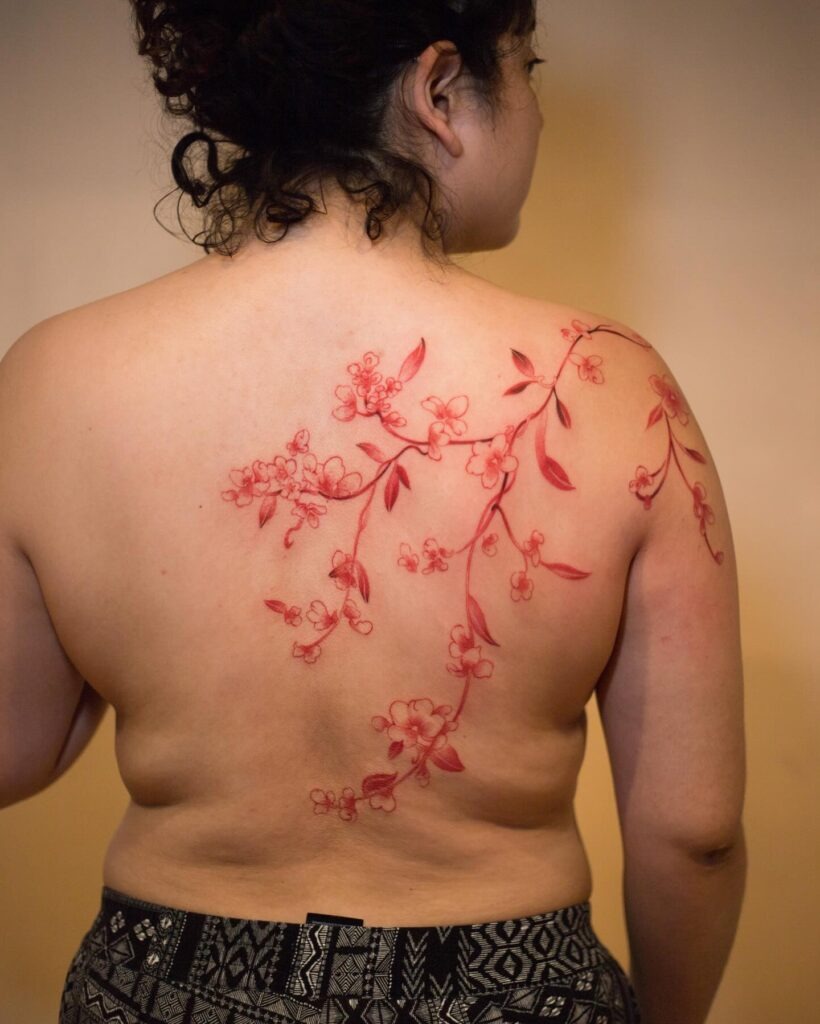 Monochrome Red Cherry Blossom Back Tattoo Tattoo Design