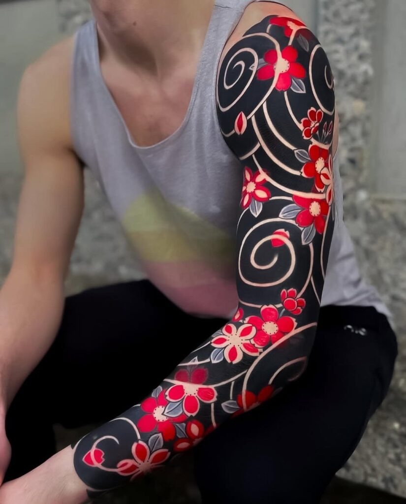 Neo-Japanese Blackout Cherry Blossom Sleeve Tattoo Design