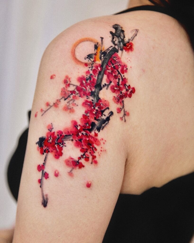 Painterly Cherry Blossom and Samurai Tattoo Tattoo Design
