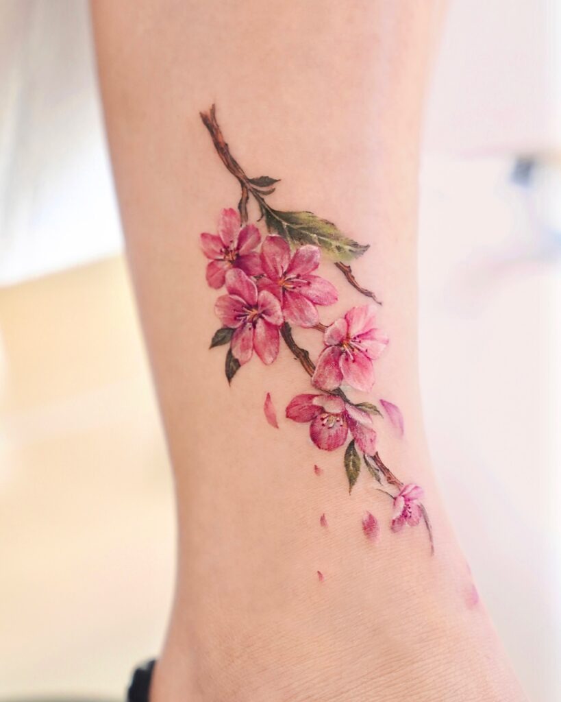 Realistic Cherry Blossom Ankle Tattoo Tattoo Design