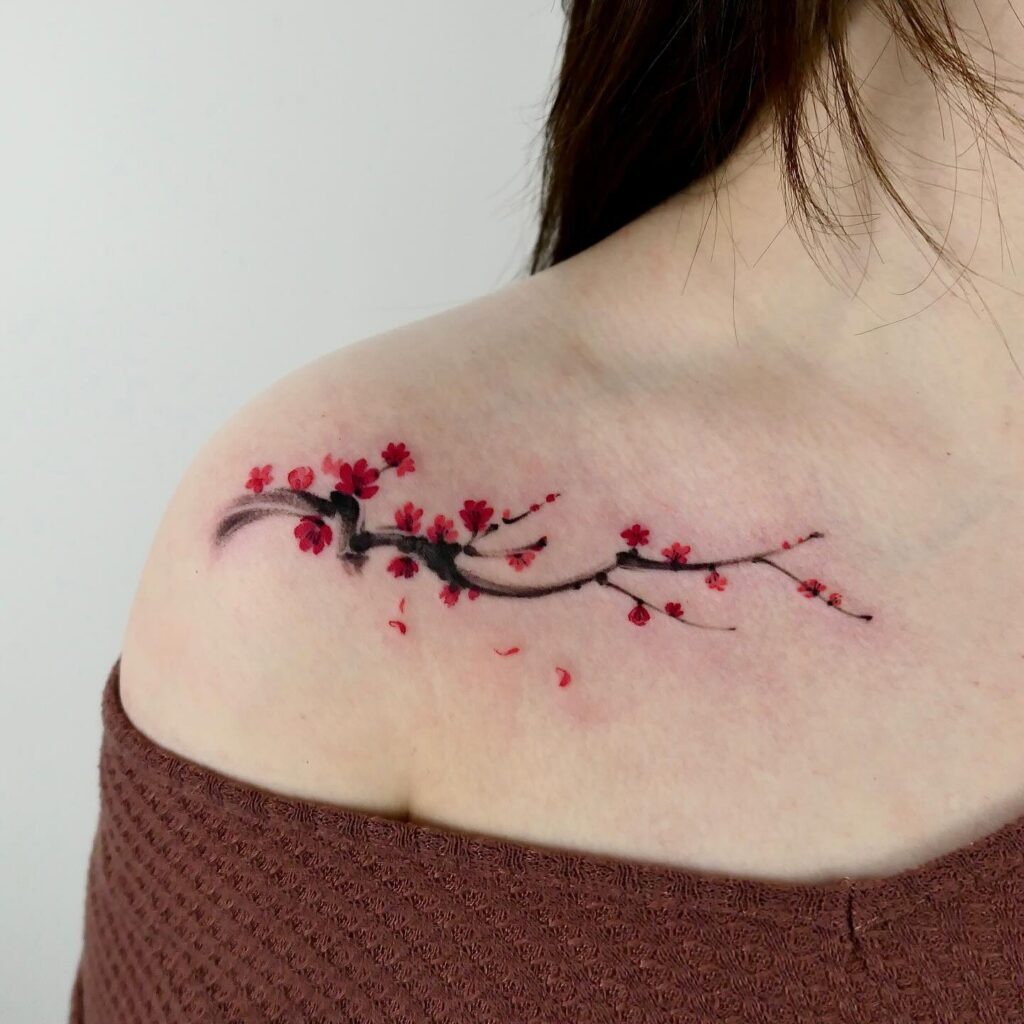Scarlet Petals Cherry Blossom Shoulder Tattoo Tattoo Design