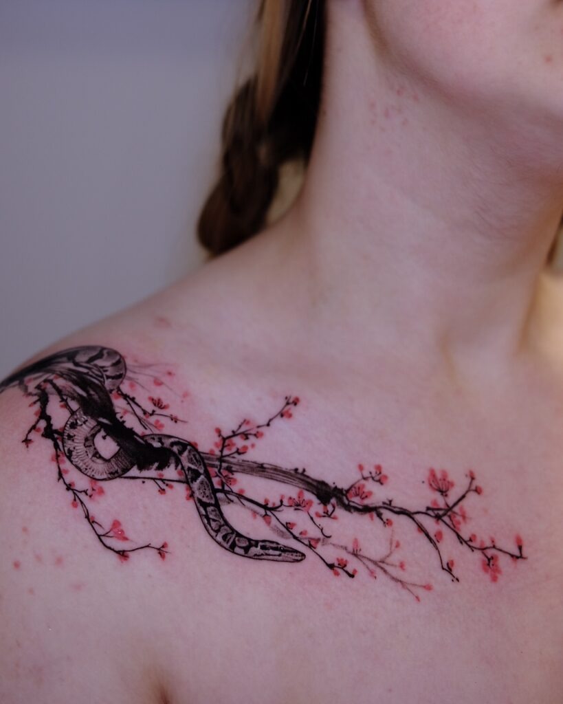 Snake and Cherry Blossom Collarbone Tattoo Tattoo Design