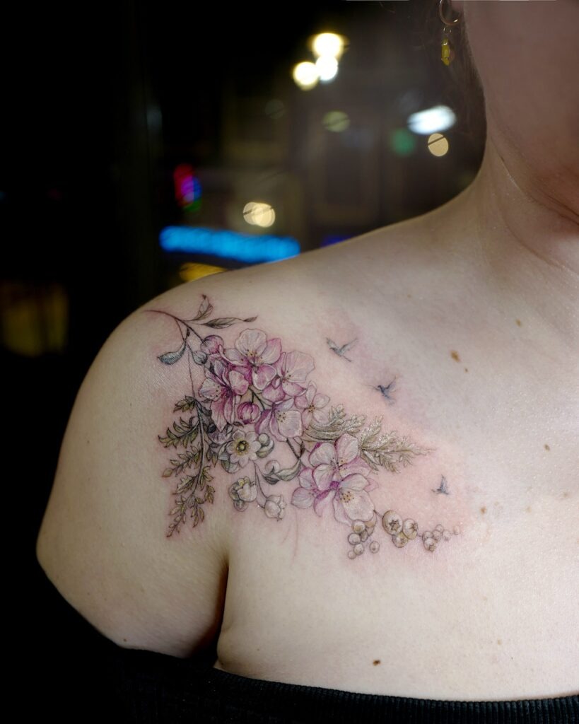 Soft Blossom and Bird Collarbone Tattoo Tattoo Design