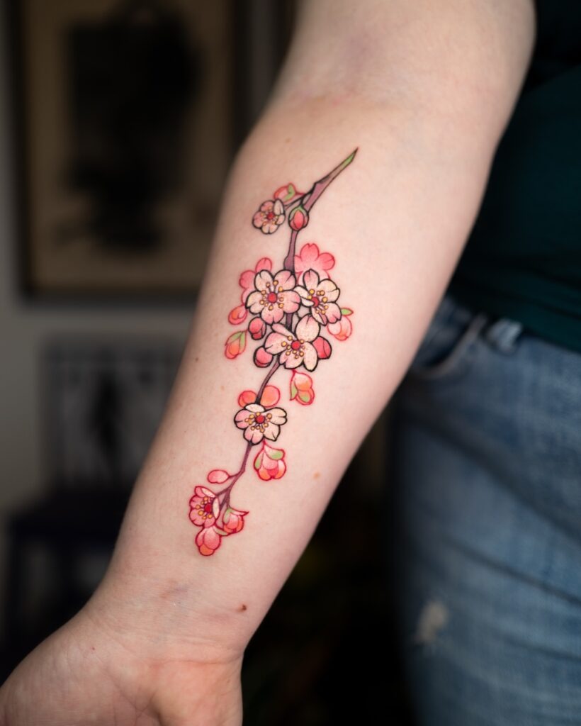 Vibrant Cherry Blossom Branch Forearm Tattoo Tattoo Design