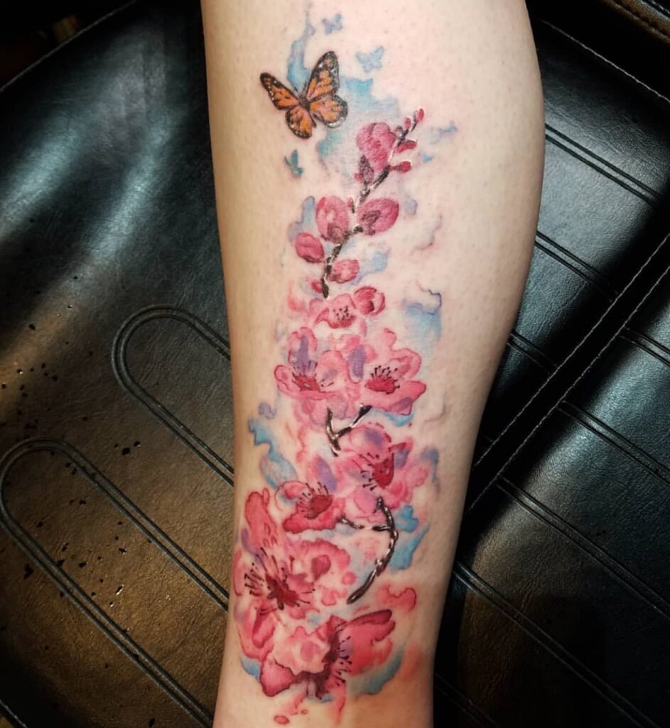 Watercolor Cherry Blossoms and Butterfly Tattoo Tattoo Design