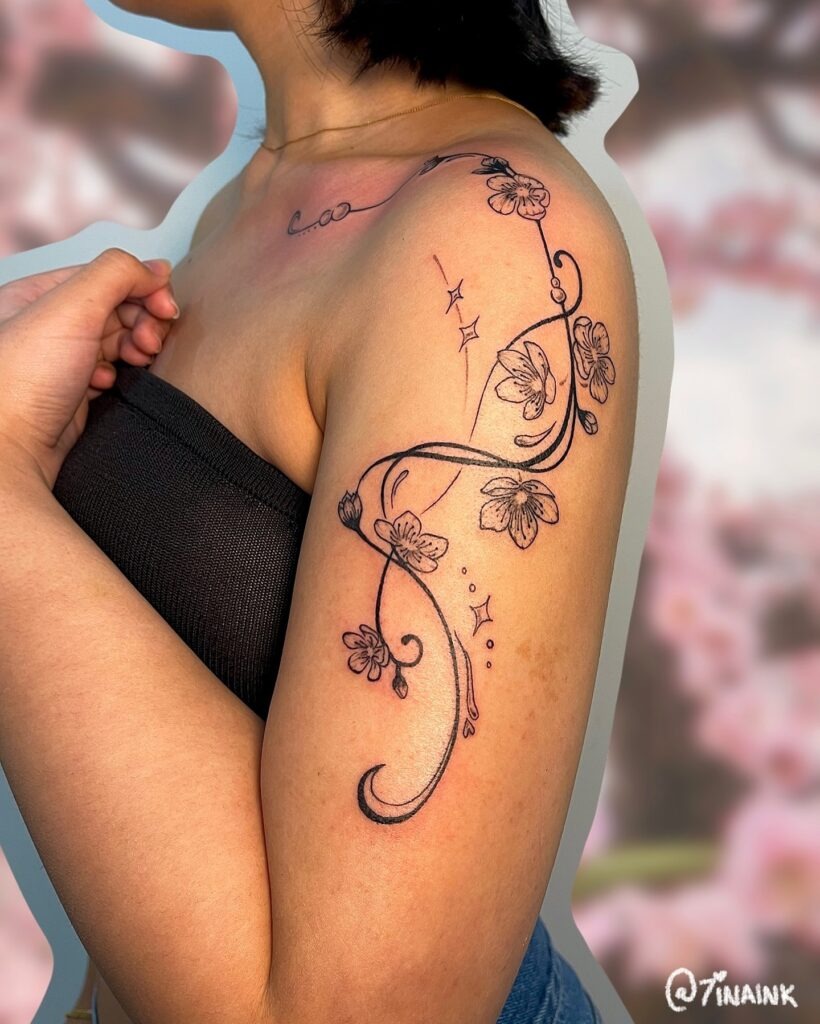 Whimsical Cherry Blossom Shoulder Flow Tattoo Tattoo Design