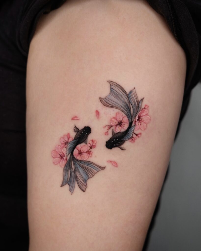 Yin-Yang Koi with Cherry Blossoms Tattoo Tattoo Design